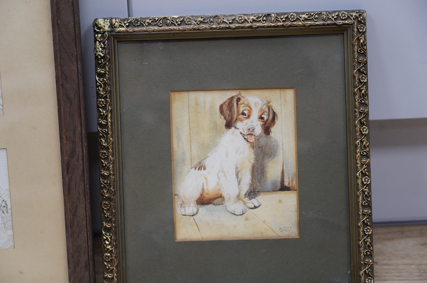 Harberte, set of three 19th century ink and washes, Hunting scenes, each signed and dated 1882, together with a watercolour study of a dog, monogrammed SCU and dated 1902, 14 x 11cm. Condition - fair